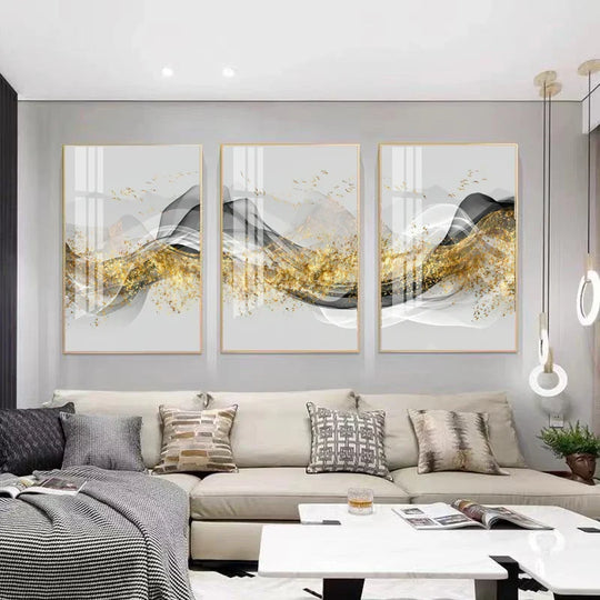 Golden Flowing Abstract Mountain Landscape Canvas Wall Art