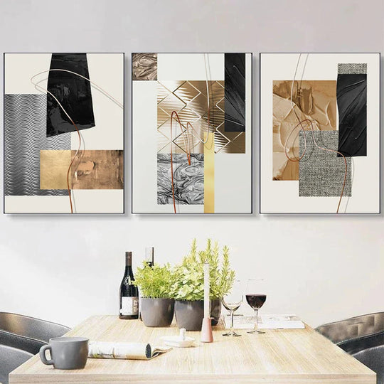 Golden Geometric Textural Montage Abstract Canvas Wall Art Unframed