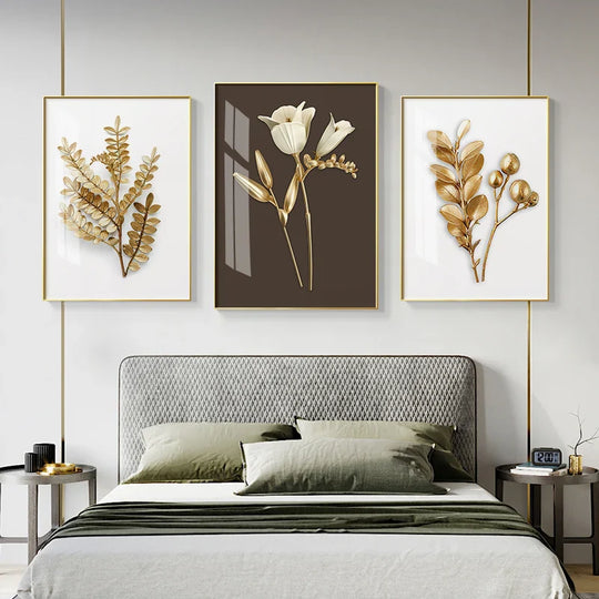 Golden Leaf Floral Abstract Botanical Canvas Wall Art