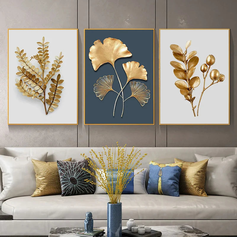 Golden Leaf Floral Abstract Botanical Canvas Wall Art