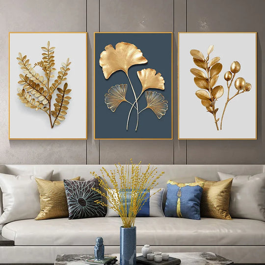 Golden Leaf Floral Abstract Botanical Canvas Wall Art