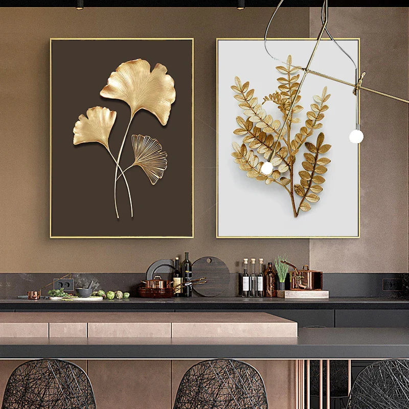Golden Leaf Floral Abstract Botanical Canvas Wall Art