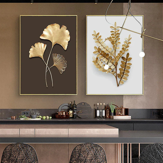 Golden Leaf Floral Abstract Botanical Canvas Wall Art