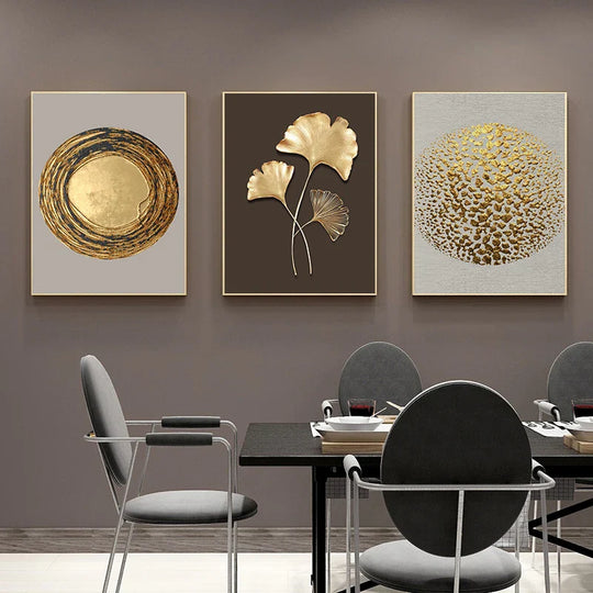 Golden Leaf Floral Abstract Botanical Canvas Wall Art