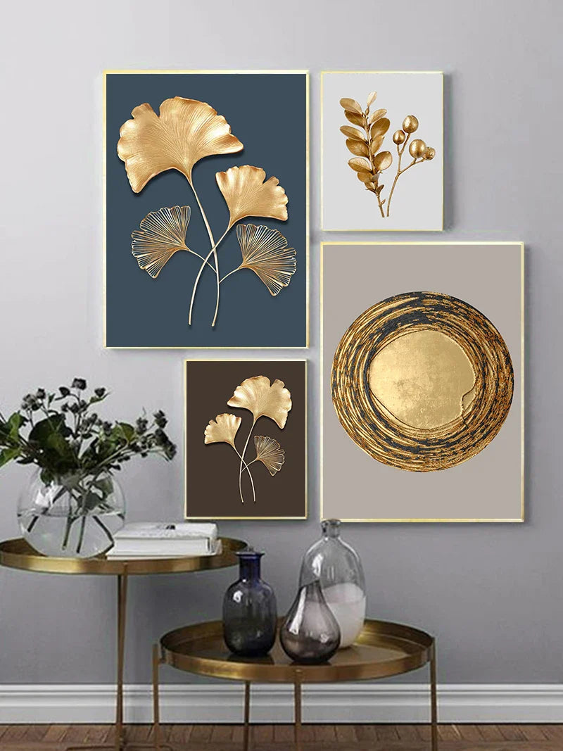 Golden Leaf Floral Abstract Botanical Canvas Wall Art