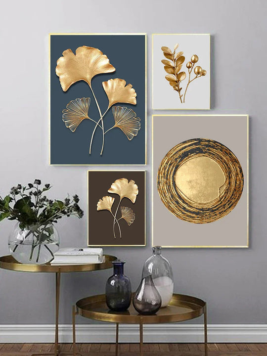 Golden Leaf Floral Abstract Botanical Canvas Wall Art