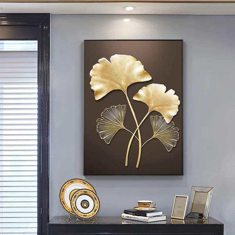 Golden Leaf Floral Abstract Botanical Canvas Wall Art