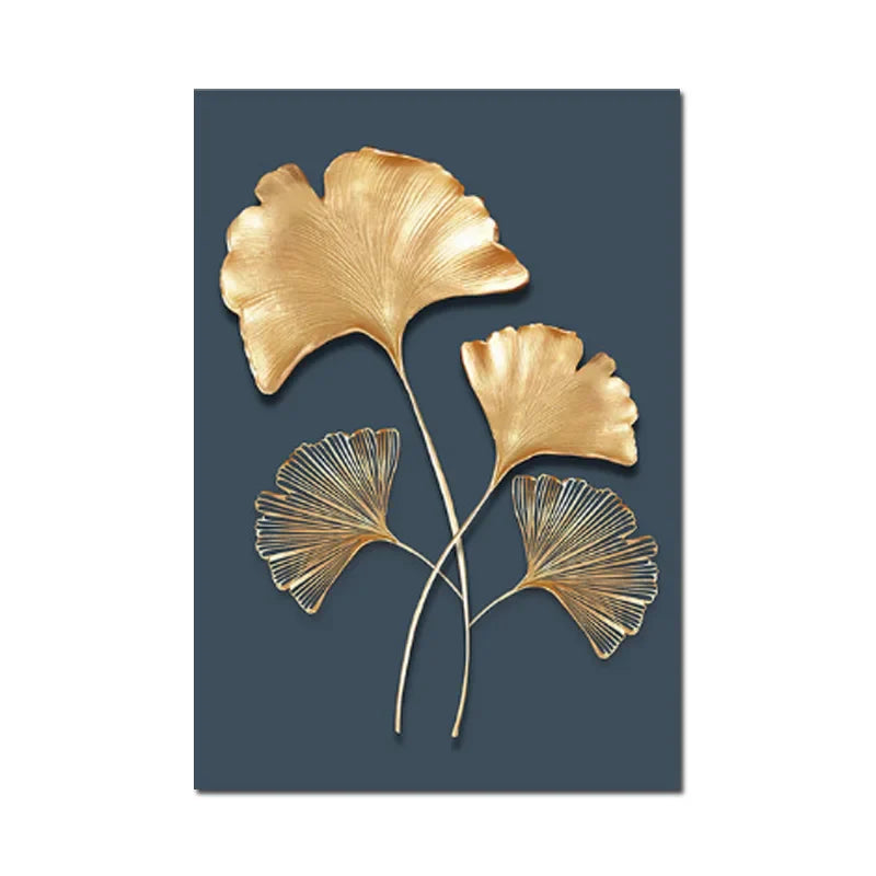 Golden Leaf Floral Abstract Botanical Canvas Wall Art