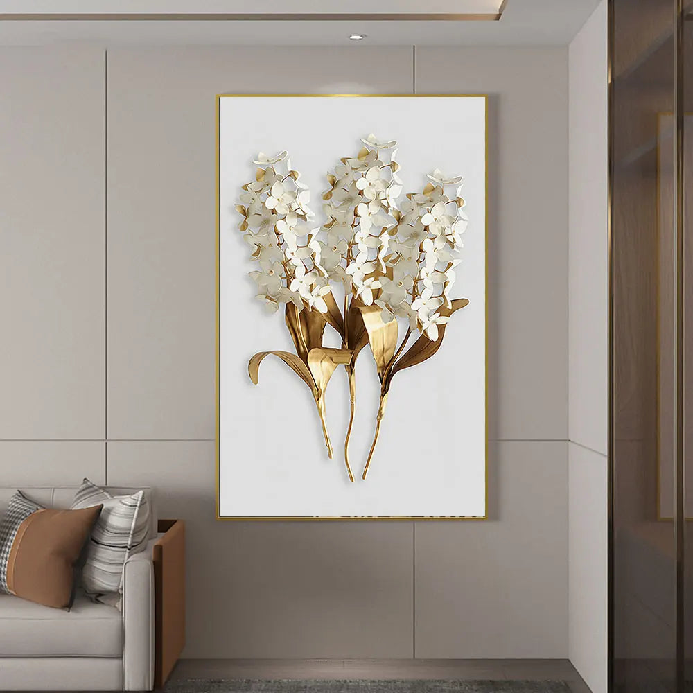 Golden Leaf White Petalled Floral Canvas Wall Art Unframed