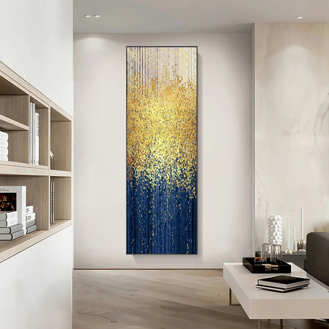 Auspicious Golden Rain Abstract Vertical Canvas Wall Art