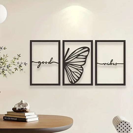 Set of 3 Good Vibes Butterfly Wings Black Metal Wall Art
