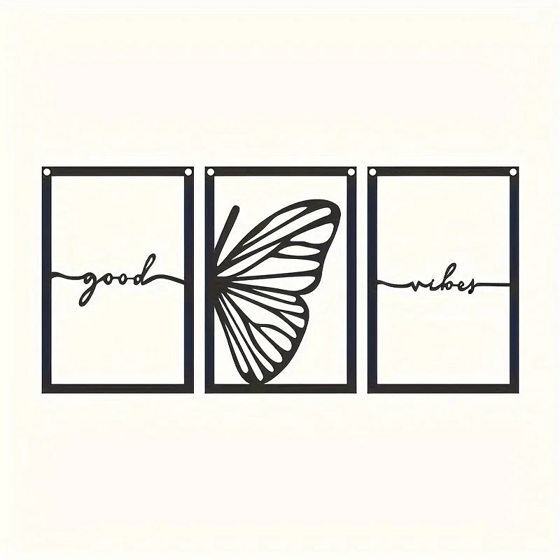 Set of 3 Good Vibes Butterfly Wings Black Metal Wall Art