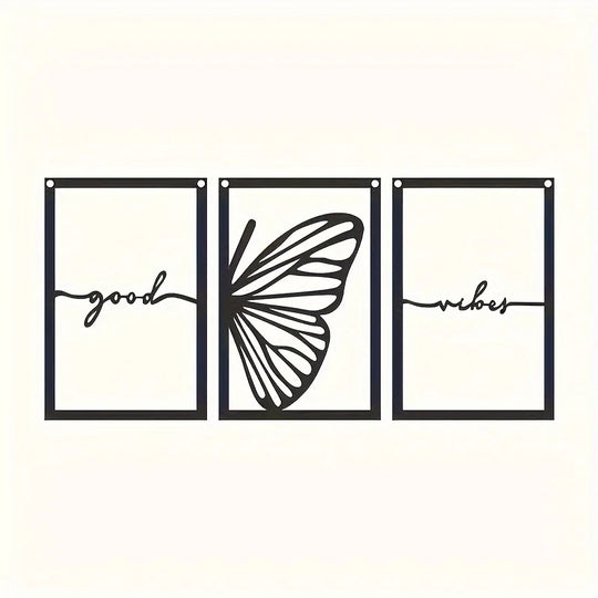 Set of 3 Good Vibes Butterfly Wings Black Metal Wall Art