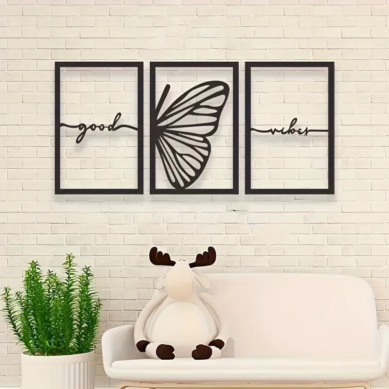 Set of 3 Good Vibes Butterfly Wings Black Metal Wall Art