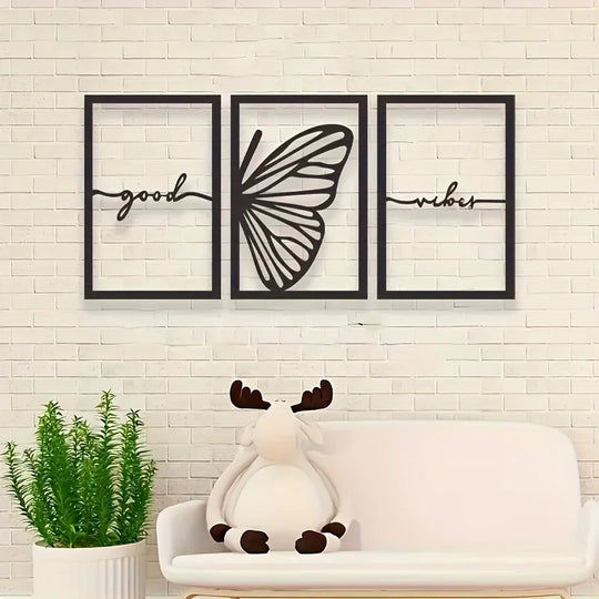 Set of 3 Good Vibes Butterfly Wings Black Metal Wall Art