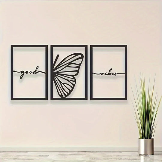 Set of 3 Good Vibes Butterfly Wings Black Metal Wall Art