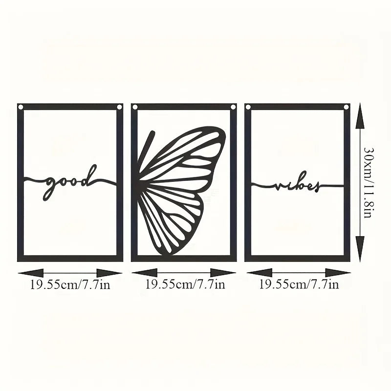 Set of 3 Good Vibes Butterfly Wings Black Metal Wall Art