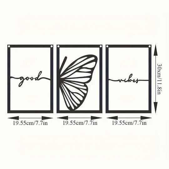 Set of 3 Good Vibes Butterfly Wings Black Metal Wall Art