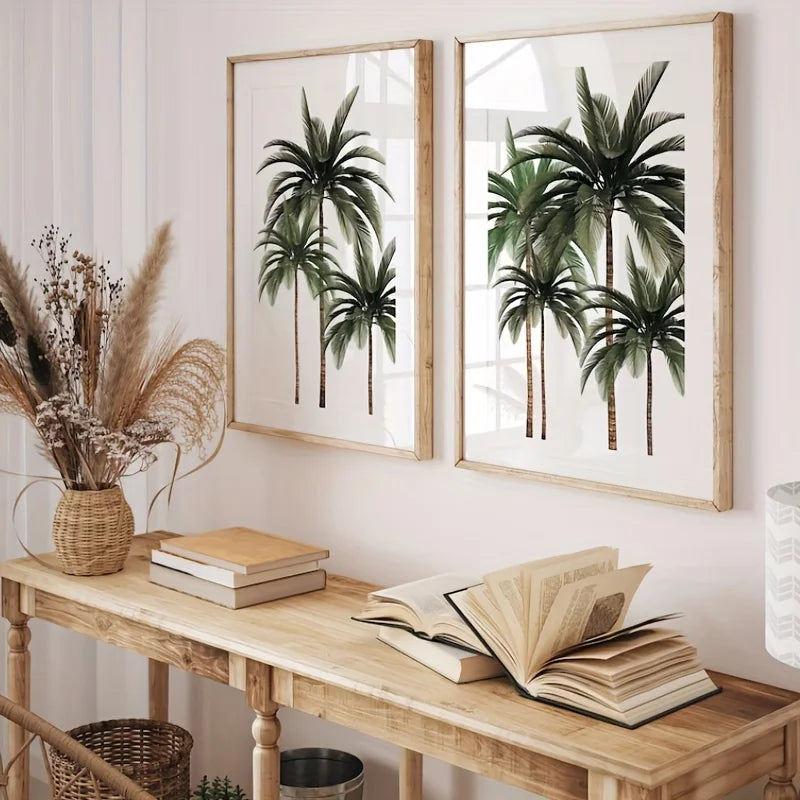 Green Leaves Tropical Palm Canvas Wall Art Set