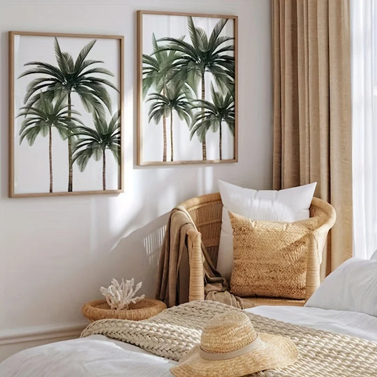 Green Leaves Tropical Palm Canvas Wall Art Set