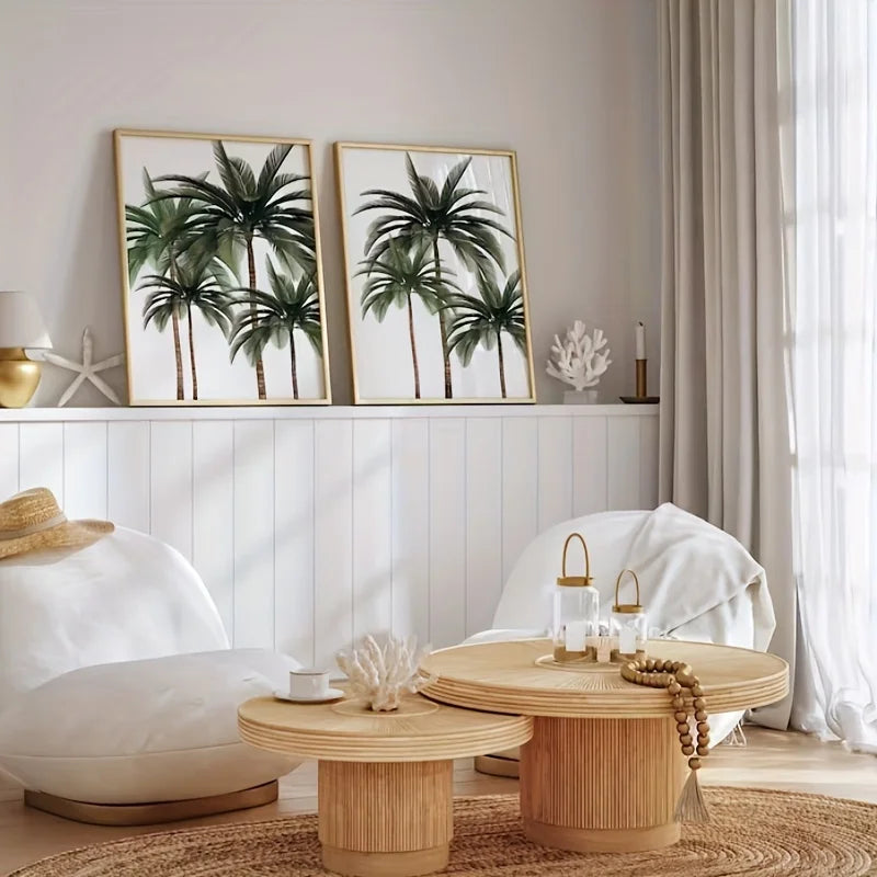 Green Leaves Tropical Palm Canvas Wall Art Set