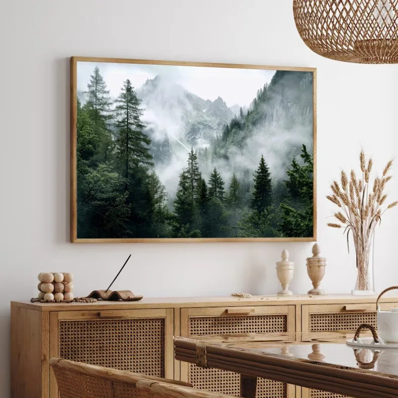 Green Mountain Misty Forest Landscape Wall Art Canvas Print