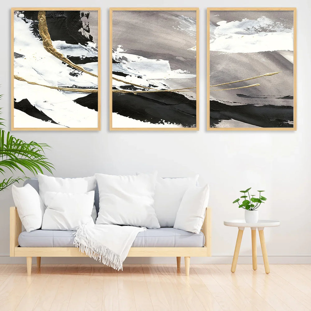 Grey Black Golden Abstract Triptych Canvas Wall Art Set of 3 Unframed
