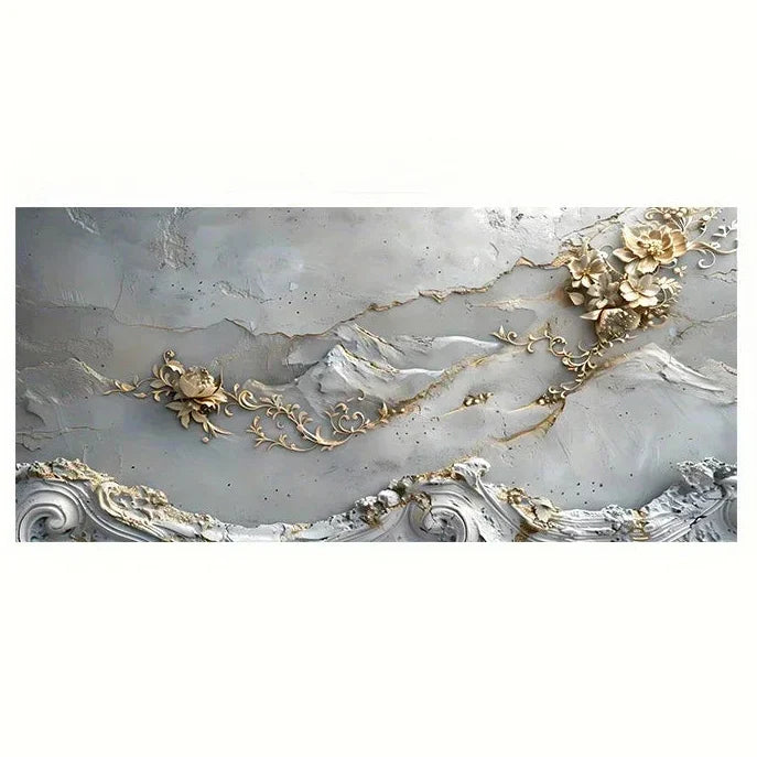 Grey Golden Floral Abstract Canvas Wall Art Print