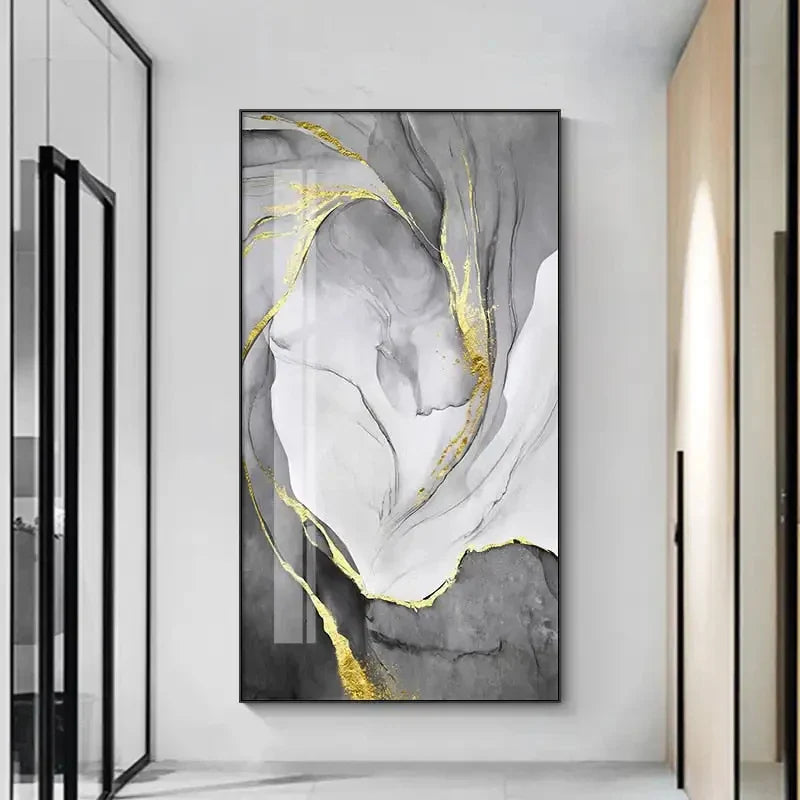 Grey Golden Liquid Marble Abstract Canvas Wall Art Unframed