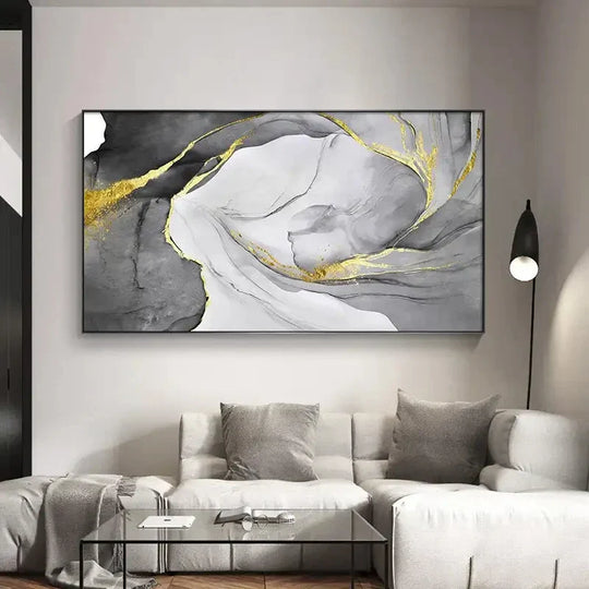 Grey Golden Liquid Marble Abstract Canvas Wall Art Unframed