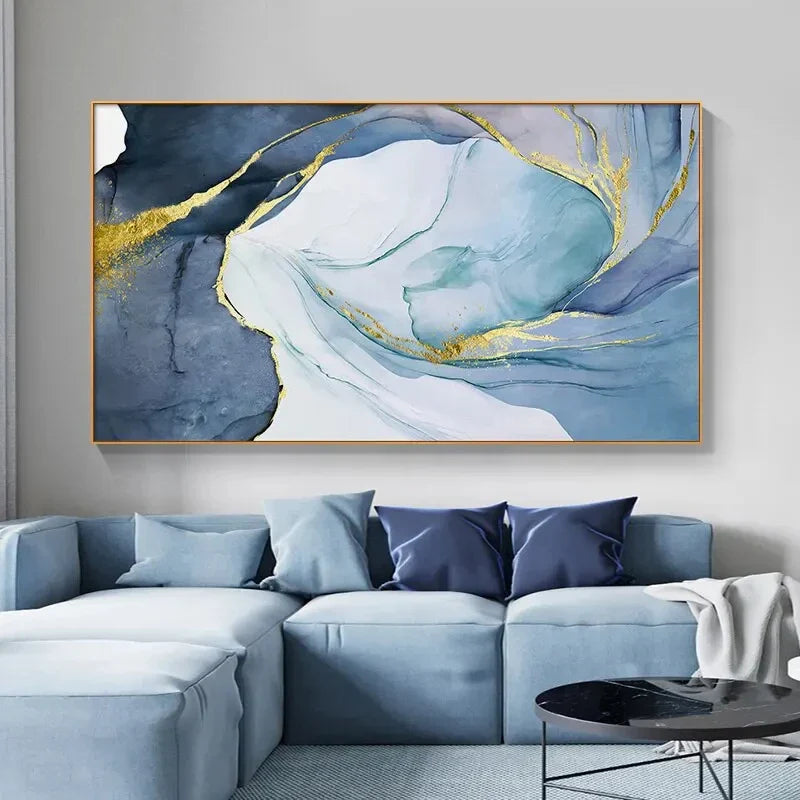 Grey Golden Liquid Marble Abstract Canvas Wall Art Unframed
