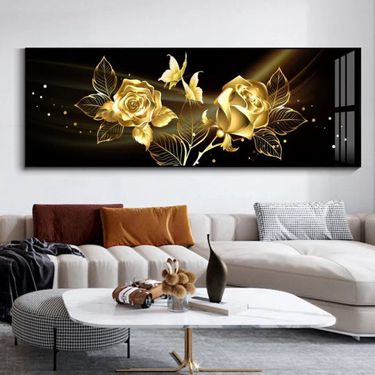 Black Golden Rose Floral Wide Format Canvas Wall Art
