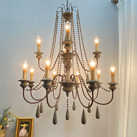 Vintage White Wooden Beads Chandelier – Elegant Foyer & Lobby Pendant Light
