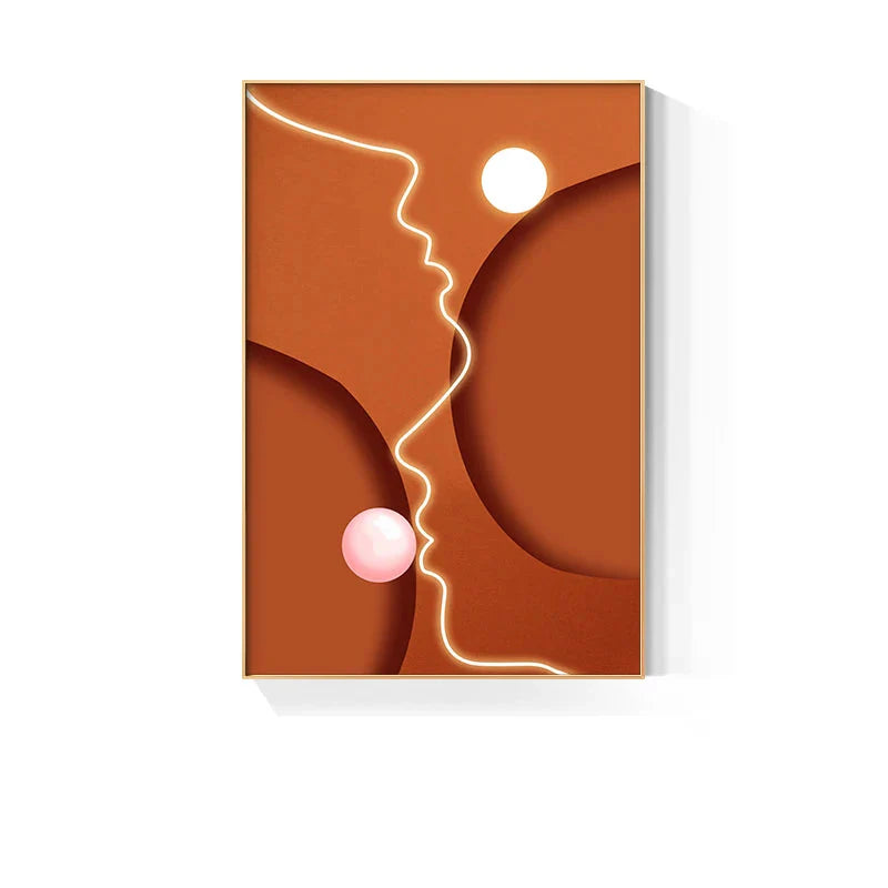 Bold Blue Orange Beige Abstract Line Art Face Canvas Wall Art Unframed