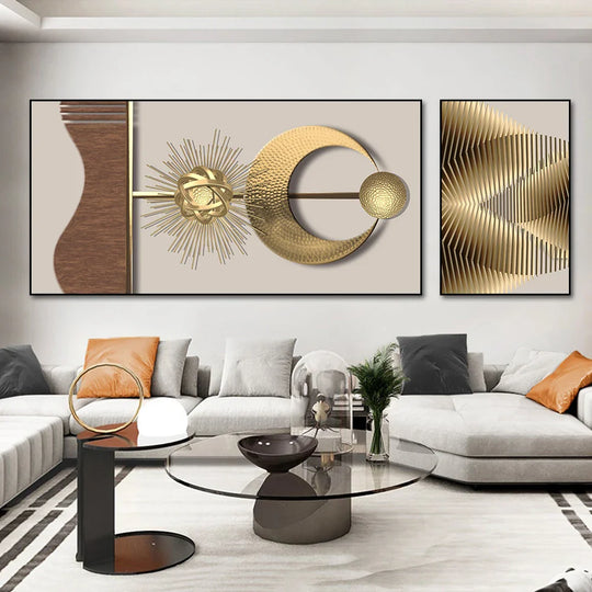 Modern Abstract Golden Sun Moon Geometric Canvas Wall Art