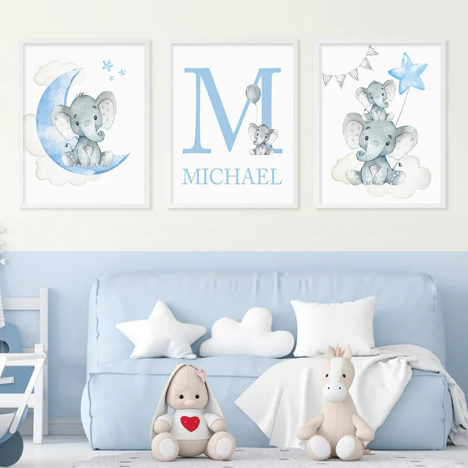 Personalized Baby Name Elephant Moon Nursery Canvas Wall Art Unframed