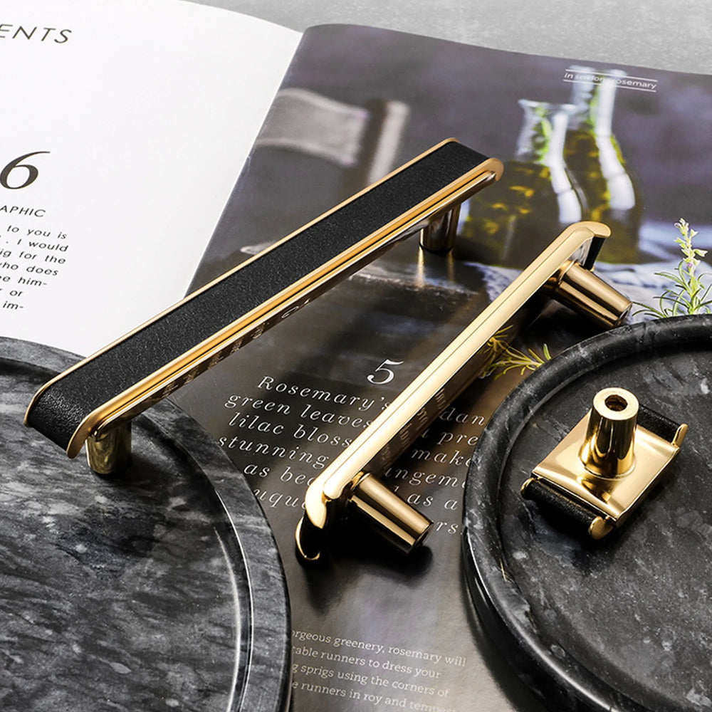 Black Leather and Gold Zinc Alloy Cabinet Handle – Luxury Pull for Wardrobes and Dressers (128mm)