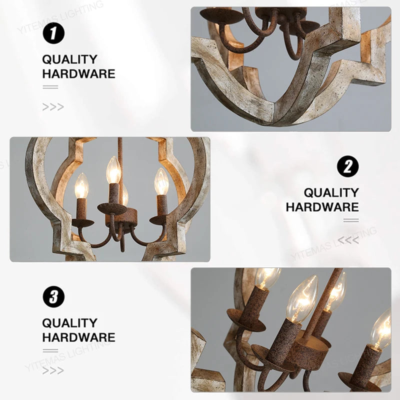 Vintage Solid Wood Chandelier – French American Style Retro White 4-Light Pendant