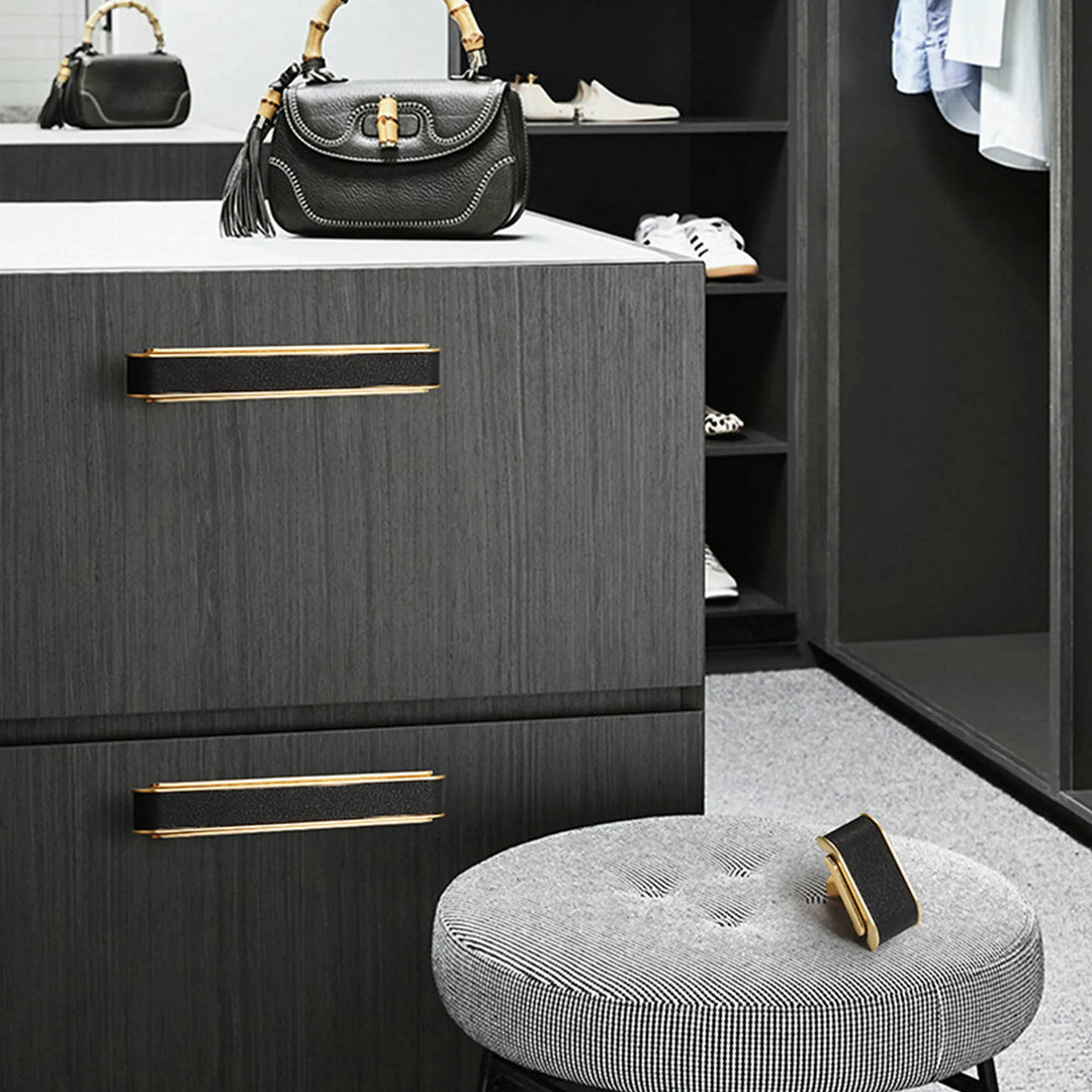 Black Leather and Gold Zinc Alloy Cabinet Handle – Luxury Pull for Wardrobes and Dressers (128mm)