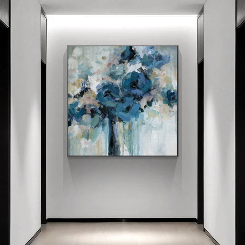 Modern Abstract Blue Floral Canvas Wall Art Square Format Unframed