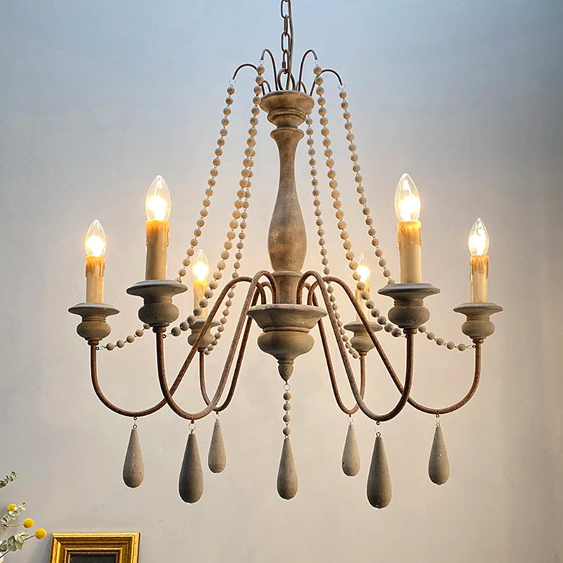 Vintage White Wooden Beads Chandelier – Elegant Foyer & Lobby Pendant Light