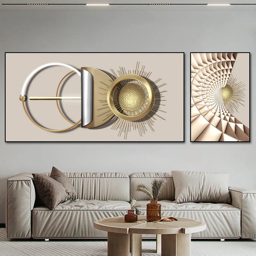 Modern Abstract Golden Sun Moon Geometric Canvas Wall Art