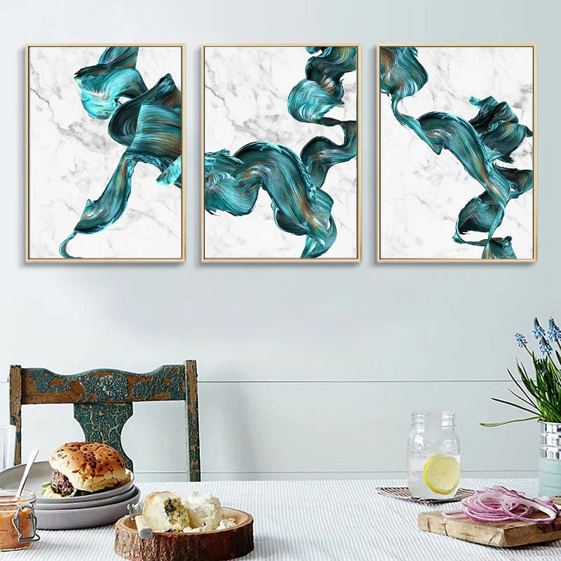 Modern Abstract Flowing Jade Silk Canvas Wall Art Unframed