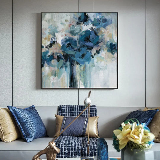 Modern Abstract Blue Floral Canvas Wall Art Square Format Unframed