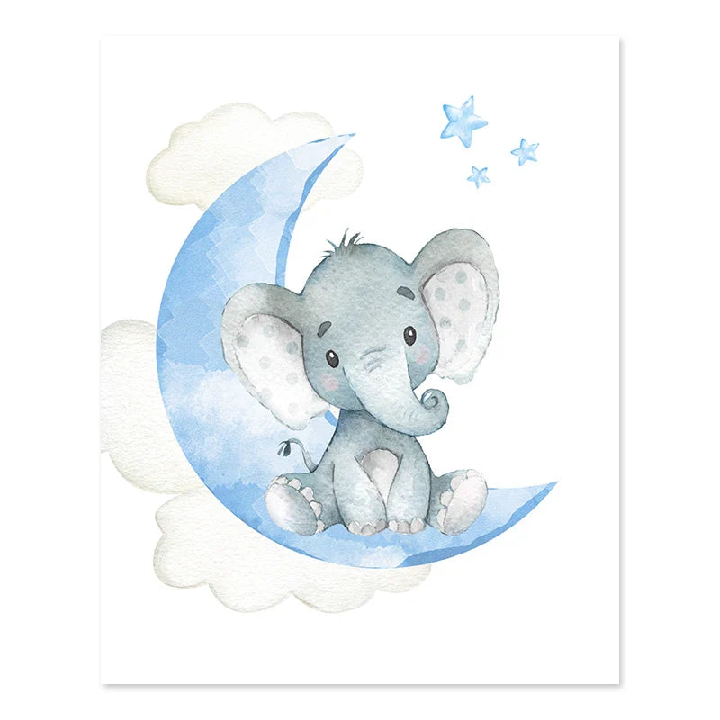 Personalized Baby Name Elephant Moon Nursery Canvas Wall Art Unframed