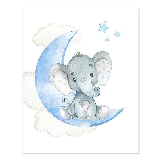 Personalized Baby Name Elephant Moon Nursery Canvas Wall Art Unframed