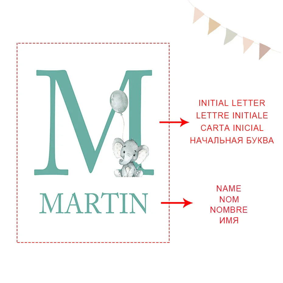 Personalized Baby Name Elephant Moon Nursery Canvas Wall Art Unframed