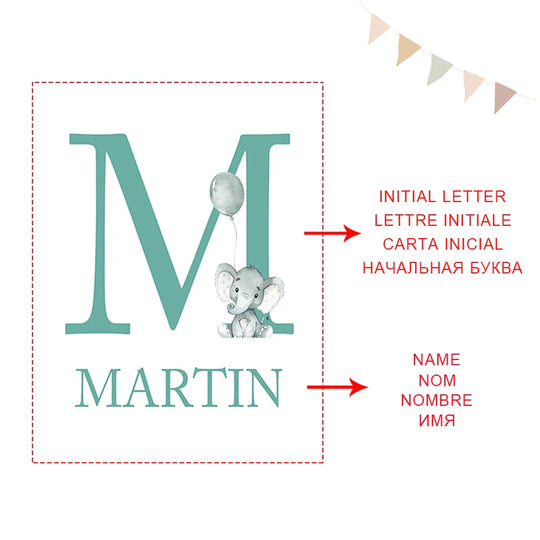 Personalized Baby Name Elephant Moon Nursery Canvas Wall Art Unframed