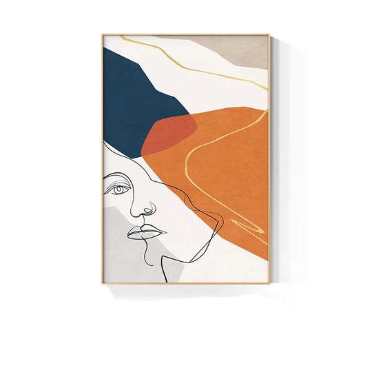Bold Blue Orange Beige Abstract Line Art Face Canvas Wall Art Unframed