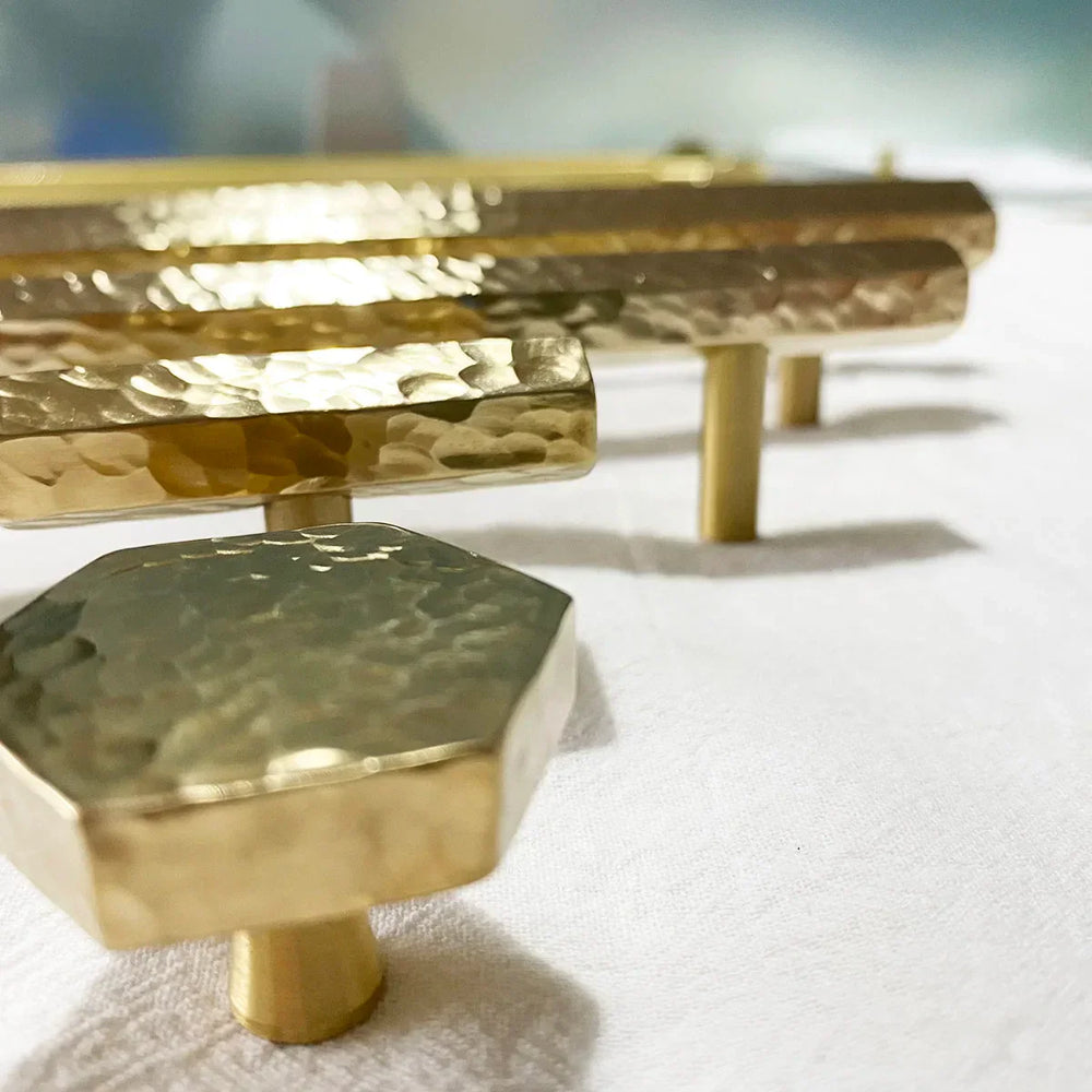 LUX Brass Hammered Hexagonal T-Bar Handles – Long Pulls for Cabinets and Wardrobes (600–1000mm)